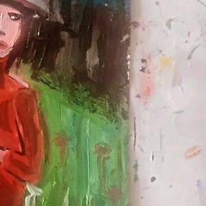 May include: A painting of a woman wearing a white hat and a red dress. She is standing in a field of green grass with brown trees in the background. The sky is blue.