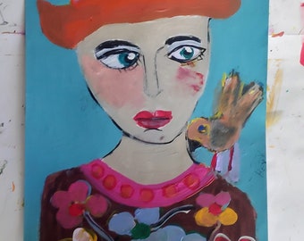 Portrait painting  women  . pop art  acrylic  painting  .Female Female face  beauty .small art  work on paper