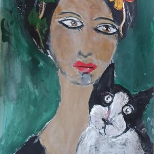 femmes avec une peinture d'art de chat.   portrait d'animal de compagnie.  abstrait art mural