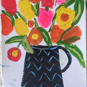 Abstract Flowers Painting: Original Mixed Media Wall Art (23x33cm)