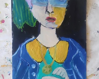 Original Abstract Face Painting Woman with Flowers Small Portrait Painting on Paper