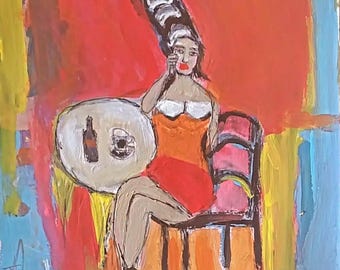 May include: An expressionist painting featuring a figure with a tall, dark hairstyle sitting on a chair. The figure wears a white top and red skirt, positioned next to a round table with a bottle and cup. The background uses bold orange, blue, and yellow.