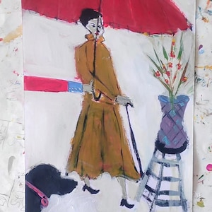 woman with umbrella . Original Art Female Portrait In Acrylic And Abstract Portrait Contemporary Painting On paper Figurative Art