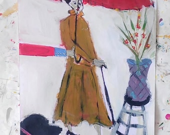 woman with umbrella . Original Art Female Portrait In Acrylic And Abstract Portrait Contemporary Painting On paper Figurative Art
