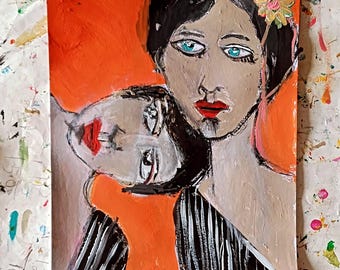 Minimalist Couple Art: Modern Abstract Painting, Living Room Decor (23x33cm)