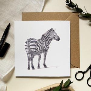 Cartão de saudação de zebra - Ilustração de vida selvagem por artista de retratos de animais de estimação - Alison Chinn - Em branco por dentro para sua própria mensagem