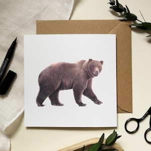 Tarjeta de felicitación con diseño de oso pardo: ilustración de oso, arte de vida salvaje, interior en blanco para cumpleaños, agradecimiento, buena suerte