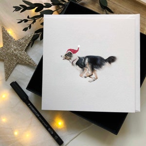 Kerstherdershond Border Collie-wenskaart - handgetekende luxe illustratiekunst - blanco binnenkant voor eigen bericht