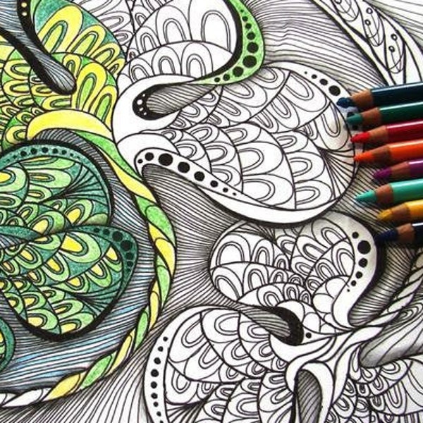 Instant PDF Download Coloring Page Hand Drawn Zentangle Inspired "Shamrock leaves"
