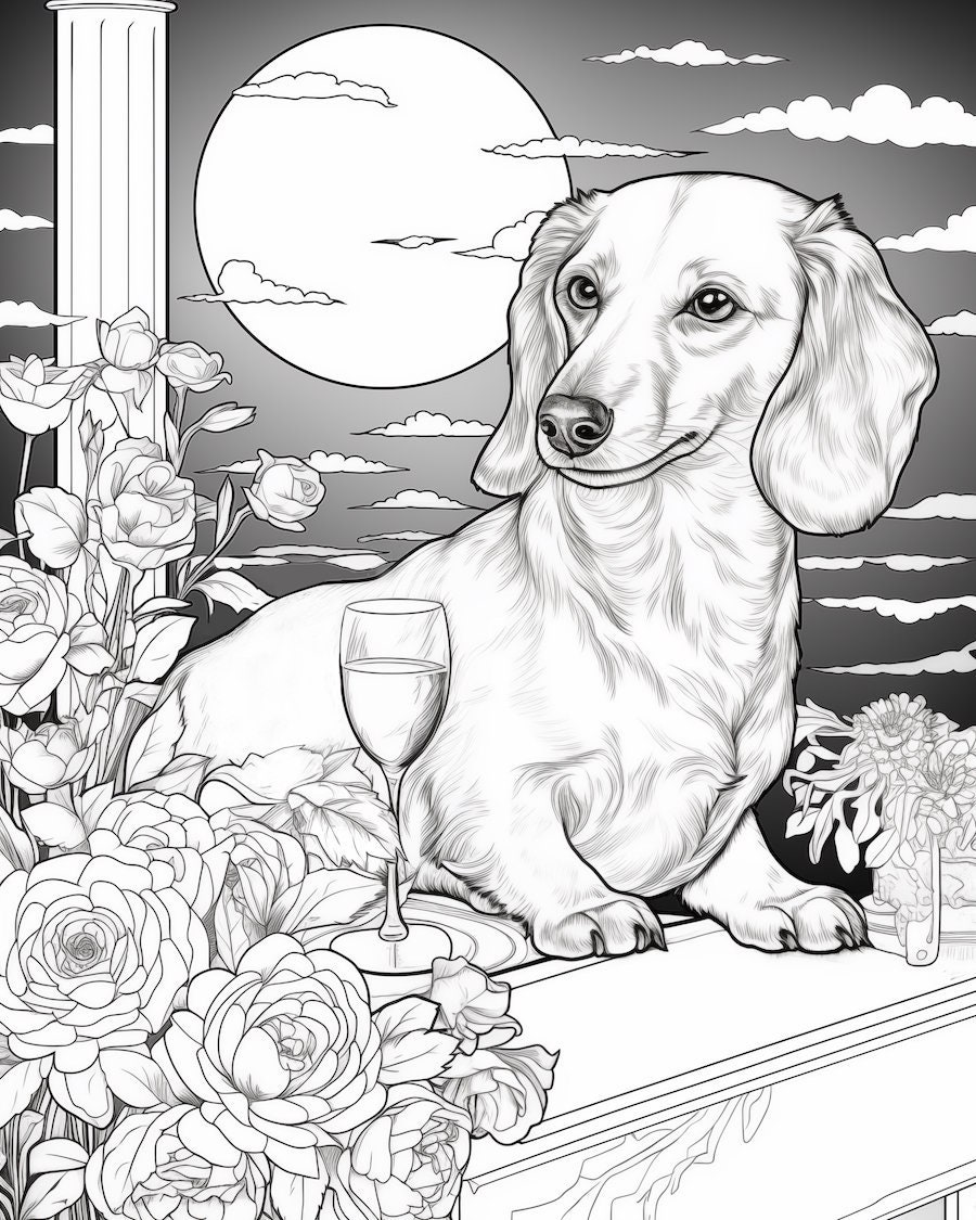 Coloring Page for Adults Downloadable Printable. Dachshund and a Full ...
