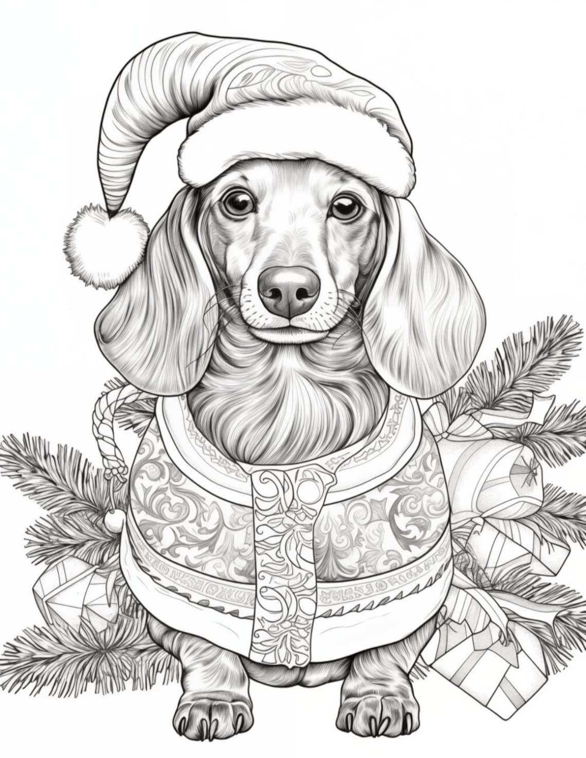 Coloring Page for Adults Downloadable Printable. Dachshund in Christmas ...