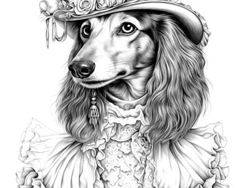 Coloring Page for Adults Downloadable Printable.  Dachshund Dressed as Victorian Lady CP-20231216Commercial use for physical products