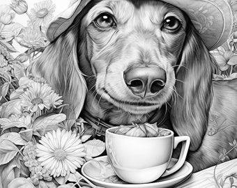 Coloring Page for Adults Downloadable Printable.  Funny Dachshund in a hat with cup of tea Commercial use for physical products CP-20231224