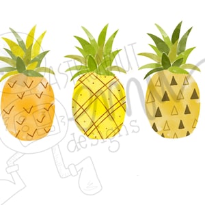 Puede incluir: Tres piñas pintadas con acuarela con diferentes patrones. Las piñas son amarillas con copas verdes. Una piña tiene un patrón de cuadros, otra un patrón de diamantes y otra un patrón de triángulos.