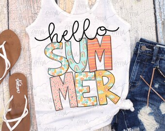 May include: White tank top with the words "hello SUMMER" in a colorful, playful font. The letters are decorated with patterns, rainbows, and suns. The tank top is paired with denim shorts and sandals.