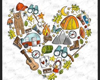 Peut inclure: Une illustration colorée d'équipements de camping en forme de cœur. L'illustration comprend une tente, un feu de camp, un sac de couchage, une boussole, une guitare, des jumelles, un ours, un camping-car et une lanterne.