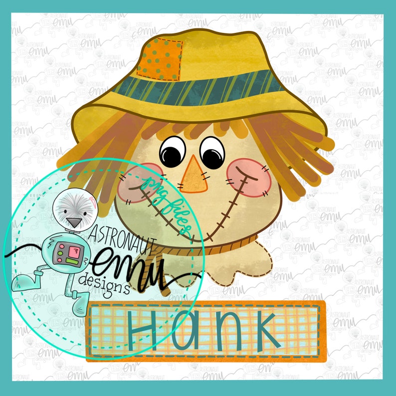 May include: A cartoon scarecrow with a straw hat, brown hair, and a stitched-on smile. The scarecrow is wearing a brown and yellow plaid shirt and a brown tie. The scarecrow is holding a sign that says "Hank".