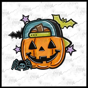 May include: A cartoon pumpkin wearing a blue and green baseball cap with a yellow brim. The pumpkin has a friendly face with a wide smile and black eyes. There are two purple stars, a green bat, and a blue spider on a white background.