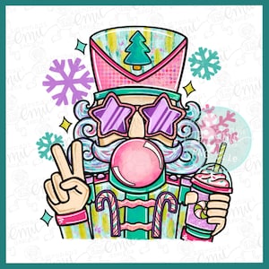 May include: A whimsical illustration of a nutcracker wearing star-shaped sunglasses and a pink and green uniform. The nutcracker is blowing a bubblegum bubble and holding a festive drink. Candy canes and snowflakes add to the holiday theme.