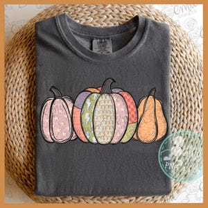 Peut inclure: T-shirt Comfort Colors gris foncé avec un motif de citrouilles colorées. Les citrouilles présentent différents motifs et couleurs, notamment rose, orange, violet et vert. Le motif est centré sur le t-shirt.
