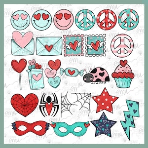 May include: A set of 20 Valentine's Day themed digital clipart images. The images include hearts, peace signs, cupcakes, ladybugs, spiders, stars, lightning bolts, and masks. The images are in a variety of colors, including red, pink, blue, green, and black.