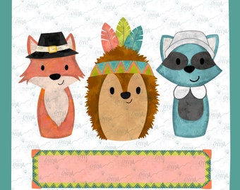 Girls Woodland Animals Thanksgiving PNG file,