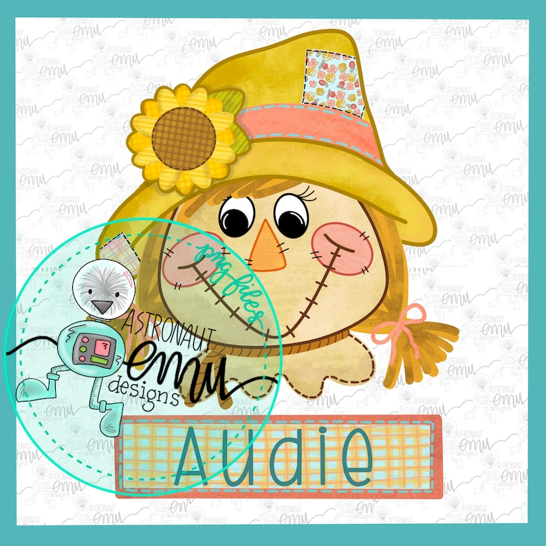 May include: A whimsical scarecrow with a yellow straw hat, a sunflower, and a stitched face. The scarecrow has a pink bow and a name tag that reads "Audie".