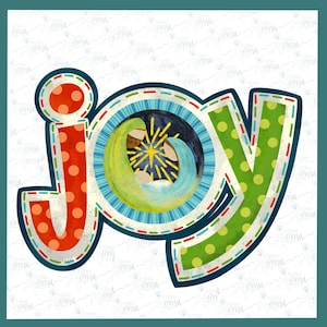 May include: A Christmas-themed illustration of the word "JOY" with a nativity scene in the center "O". The letters are decorated with red, green, and blue polka dots and a stitched border.