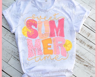 May include: White t-shirt with a pink and yellow graphic design that says "sweet summer time".