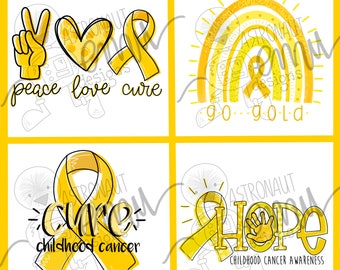 Puede incluir: Cuatro diseños digitales amarillos y blancos con un signo de paz, un corazón, una cinta y las palabras "peace love cure", un arcoíris con una cinta y las palabras "childhood cancer awareness go gold", una cinta con las palabras "cure childhood cancer", y una huella de mano con una cinta y las palabras "hope childhood cancer awareness".