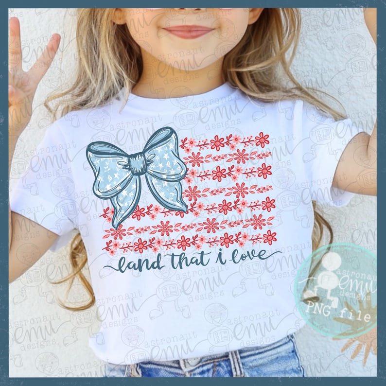 Pu&ograve; includere: T-shirt bianca con fiocco azzurro chiaro con motivo a stelle e un design floreale rosso e rosa. Il testo "land that I love" &egrave; scritto in corsivo. Una maglietta a tema patriottico.