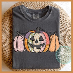May include: A dark gray t-shirt featuring a Halloween-themed design. The design includes four colorful pumpkins with jack-o'-lantern faces and a spider web. The pumpkins are in shades of pink, orange, and green.