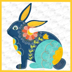 May include: A blue and turquoise rabbit with yellow, pink, and green floral details. The rabbit is stylized with a folk art design.
