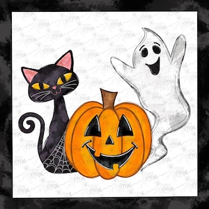 May include: A black cat with yellow eyes sits next to a smiling jack-o'-lantern pumpkin. A white ghost with a friendly face floats behind the pumpkin.