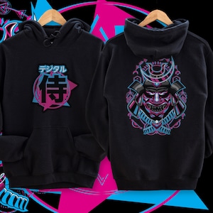 Japanese Streetwear, Vaporwave Hoodie, Y2K Hoodie, Black Hoodie, Samurai, Anime Streetwear, Synthwave Hoodie | Unisex Hoodie