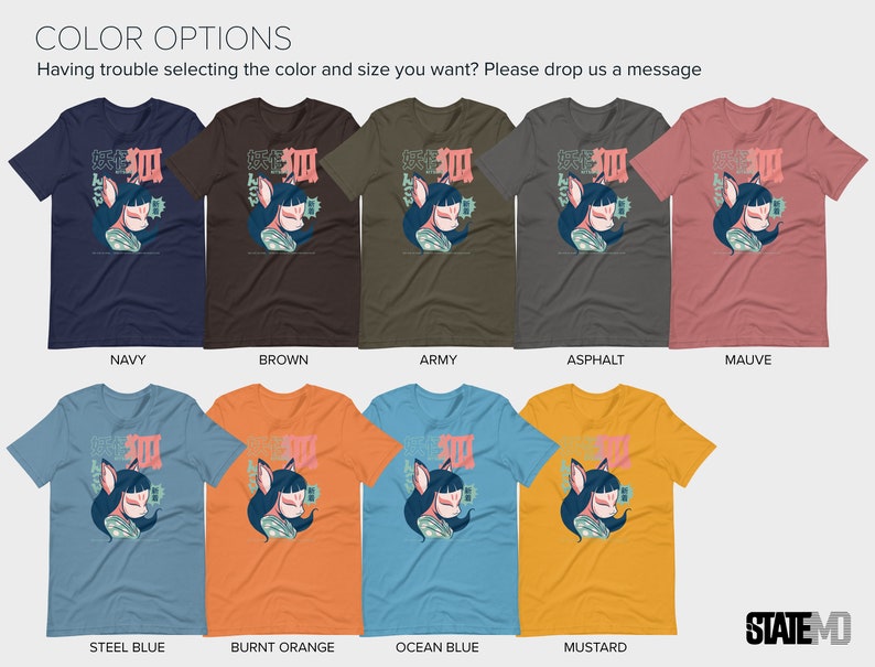 Peut inclure: Un t-shirt &agrave; motif graphique repr&eacute;sentant un renard de dessin anim&eacute; avec un masque rose et du texte japonais. Le t-shirt est disponible en 10 couleurs diff&eacute;rentes&nbsp;: marine, marron, arm&eacute;e, asphalte, mauve, bleu acier, orange br&ucirc;l&eacute;, bleu oc&eacute;an, moutarde et blanc.