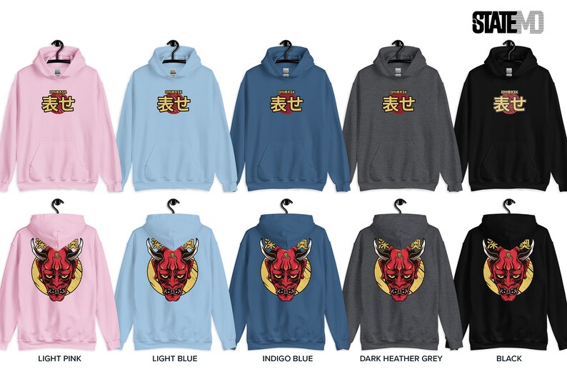 May include: A set of ten hooded sweatshirts in various colors, including light pink, light blue, indigo blue, dark heather grey, and black. The front of each sweatshirt features the Japanese word "表せ" in gold lettering. The back of each sweatshirt features a red Japanese demon mask with gold horns and a yellow background.