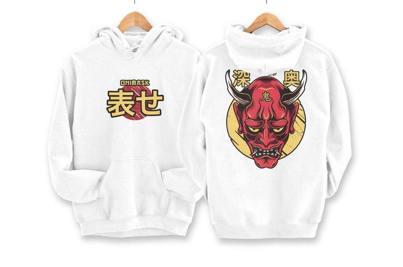 May include: White hoodie with a red and yellow Oni mask graphic on the back and the text "ONIMASK 表せ" on the front.