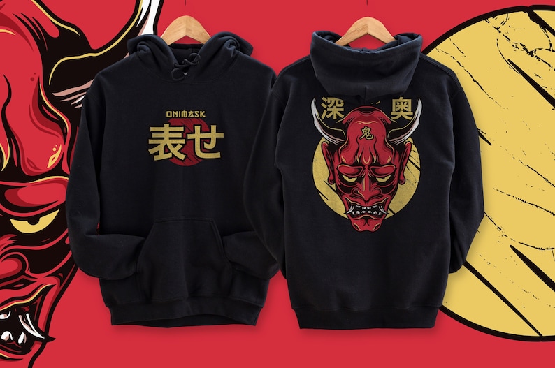May include: Black hooded sweatshirt with a red and gold Japanese demon mask on the back and the text "ONIMASK 表せ" on the front.