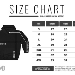 May include: Size chart for a unisex hoodie, showing measurements in inches for different sizes: S, M, L, XL, 2XL, 3XL, and 4XL. The chart includes length, width, and sleeve length.