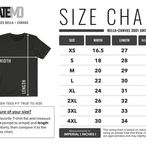 May include: A size chart for Bella + Canvas 3001 unisex t-shirts. The chart shows the width, length, and sleeve length in inches for sizes XS to 4XL.