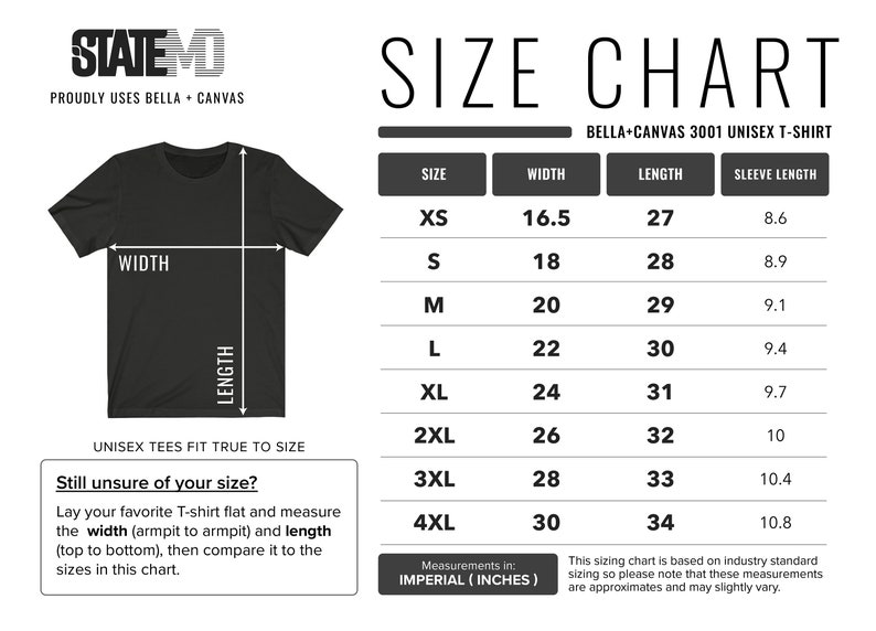 May include: A size chart for Bella + Canvas 3001 unisex t-shirts. The chart shows the width, length, and sleeve length in inches for sizes XS to 4XL.