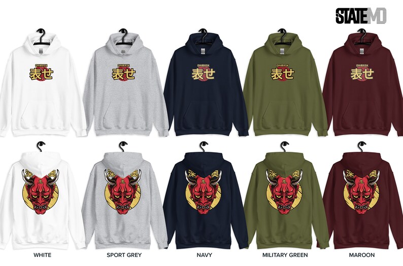 May include: Ten different color variations of a hooded sweatshirt with a Japanese character and a demon mask graphic. The colors are white, sport grey, navy, military green, and maroon.