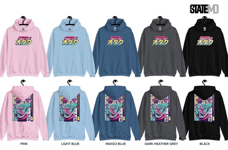 May include: A set of ten hoodies in various colours, including pink, light blue, indigo blue, dark heather grey, and black. The front of each hoodie features the Japanese word "otaku" in a colourful, retro-style graphic. The back of each hoodie features a colourful graphic of a person with a manga-style design.