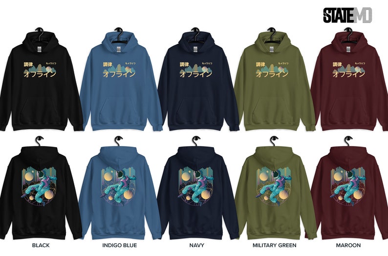May include: A set of ten hooded sweatshirts in various colours, including black, indigo blue, navy, military green, and maroon. Each sweatshirt features a graphic print of a cityscape with the Japanese text "調律。オフライン" on the front.
