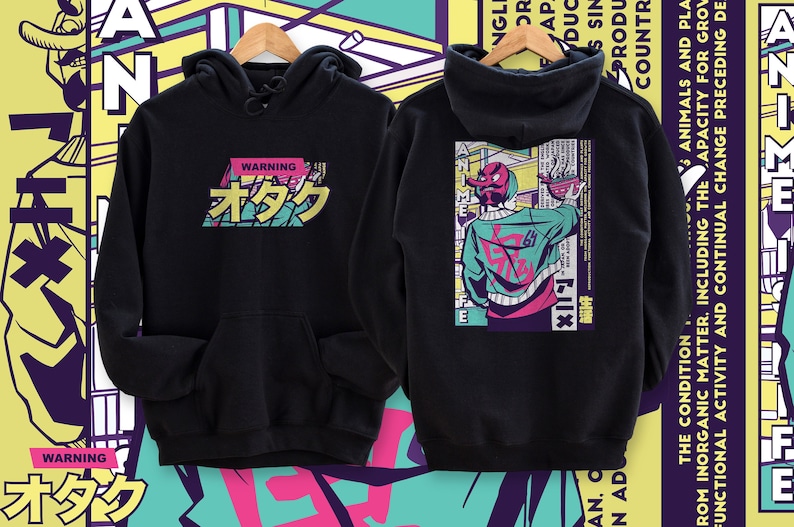 May include: Black hooded sweatshirt with a graphic print of a cartoon character with red and pink hair and a green jacket. The text "WARNING オタク" is printed on the front of the sweatshirt.