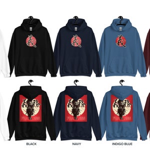May include: Five different color hoodies with a red circle and Japanese characters on the front. The back of the hoodies feature a red circle with a black and white illustration of a samurai warrior and the text "TRUE NORTH". The colors are white, black, navy, indigo blue, and maroon.