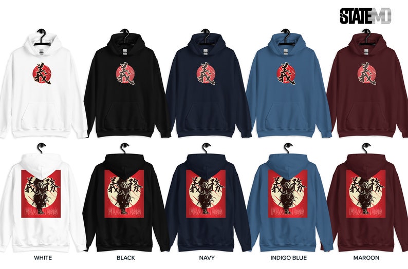 May include: Five different color hoodies with a red circle and Japanese characters on the front. The back of the hoodies feature a red circle with a black and white illustration of a samurai warrior and the text "TRUE NORTH". The colors are white, black, navy, indigo blue, and maroon.