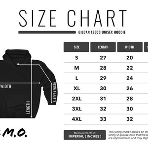 May include: Size chart for a unisex hoodie in sizes S through 4XL. The chart shows measurements in inches for length, width, and sleeve length.