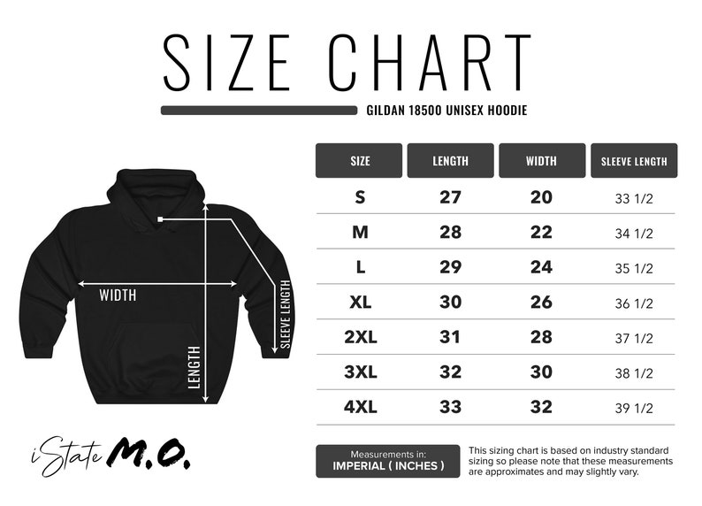 May include: Size chart for a unisex hoodie in sizes S through 4XL. The chart shows measurements in inches for length, width, and sleeve length.